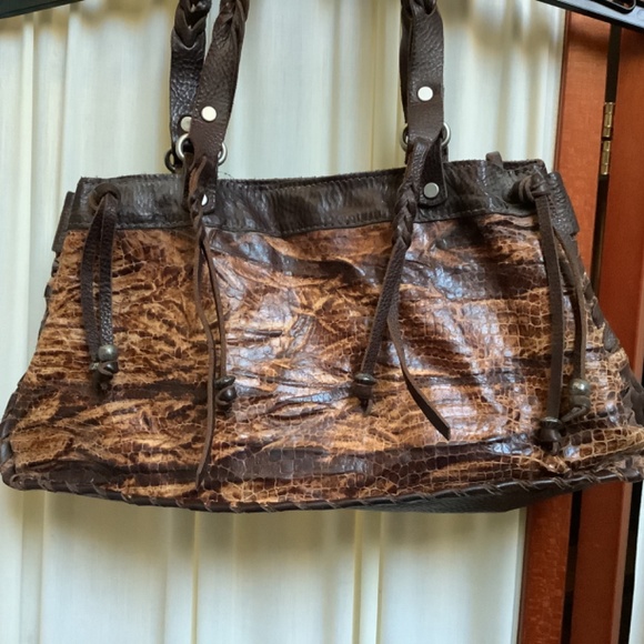 Vin Baker Reptile Embossed Leather Bag Cowgirl Leather Tassels Braided Handles - Picture 2 of 9